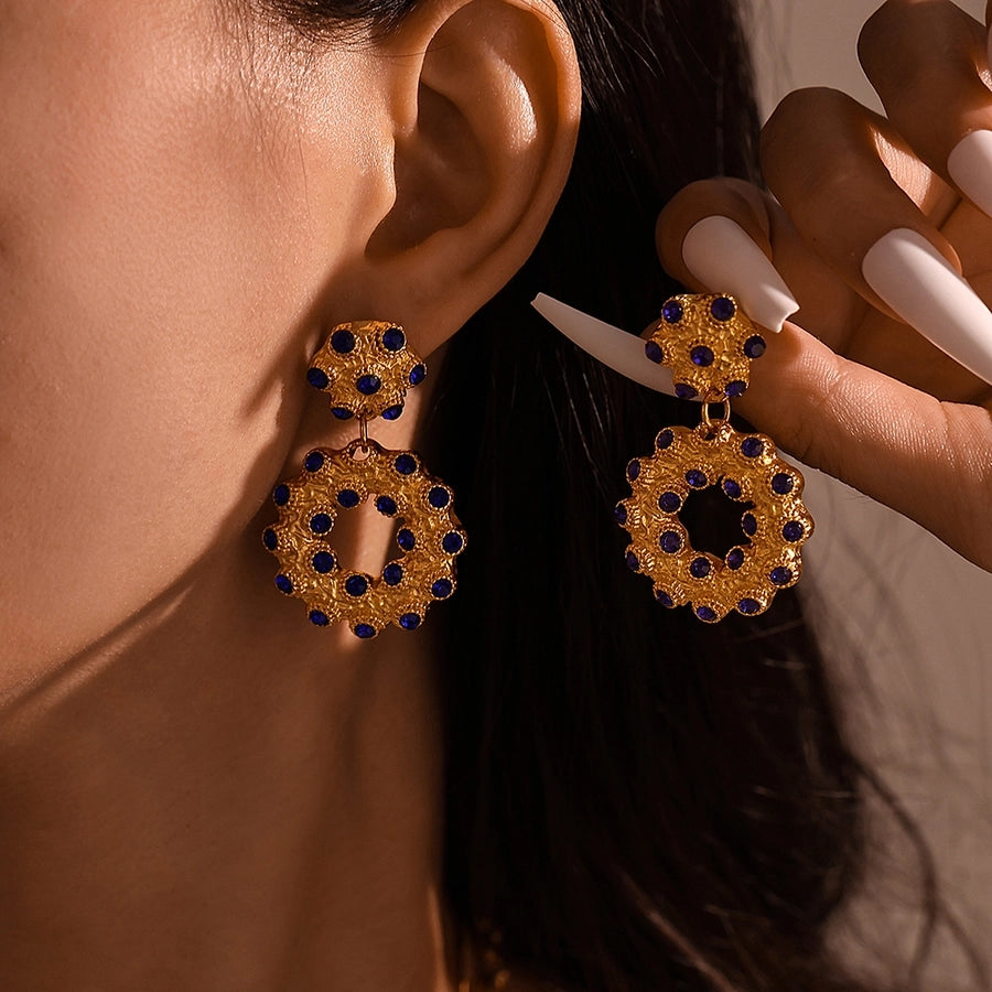 Jewelry Elegant Circle 304 Stainless Steel Rhinestones Glass Stone 18K Gold Plated Plating Inlay Earrings Necklace