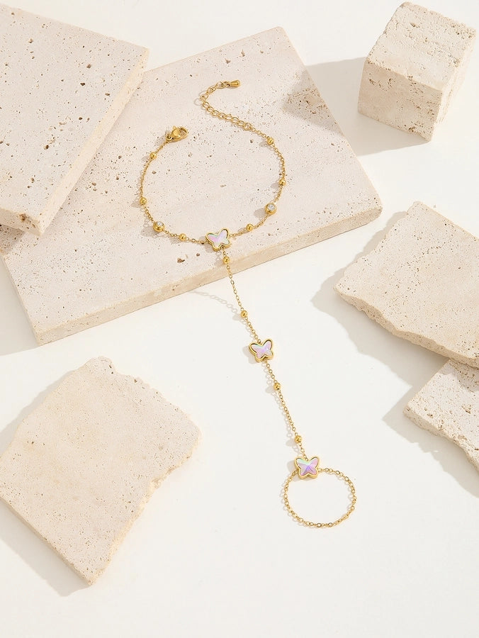 Simple Style Classic Style Petal Butterfly Bow Knot Titanium Steel 18K Gold Plated Rhinestones Bracelets In Bulk