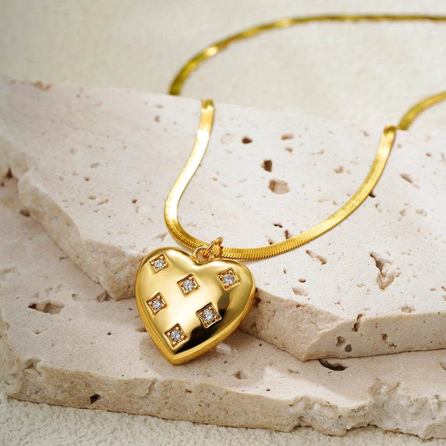 Jewelry Elegant Heart Shape 304 Stainless Steel Zircon 18K Gold Plated Pendant Necklace