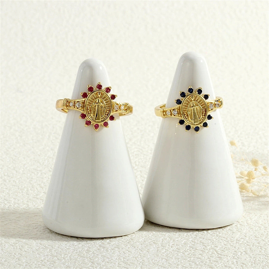 Copper Inlay Human Geometric Virgin Mary Zircon Open Rings