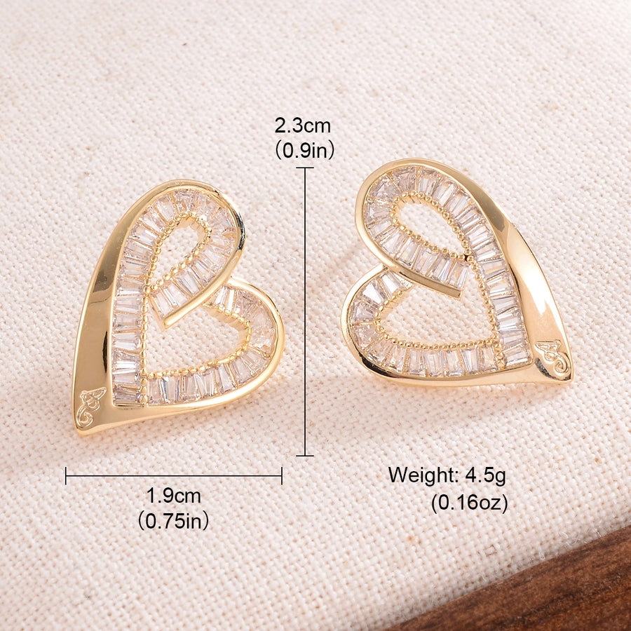 1 Pair Romantic Shiny Heart Shape Inlay Copper Zircon 18K Gold Plated Ear Studs