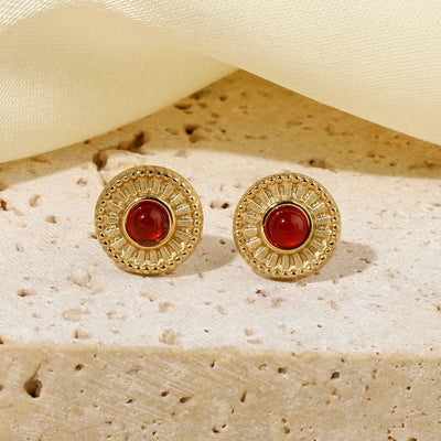 One Pack and Two Pairs Retro French Style Geometric Plating Titanium Steel Natural Stone 14K Gold Plated Ear Studs