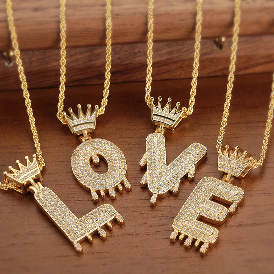 Copper Hemp flowers chain 18K Gold Plated Letter Zirconia Pendant Necklace