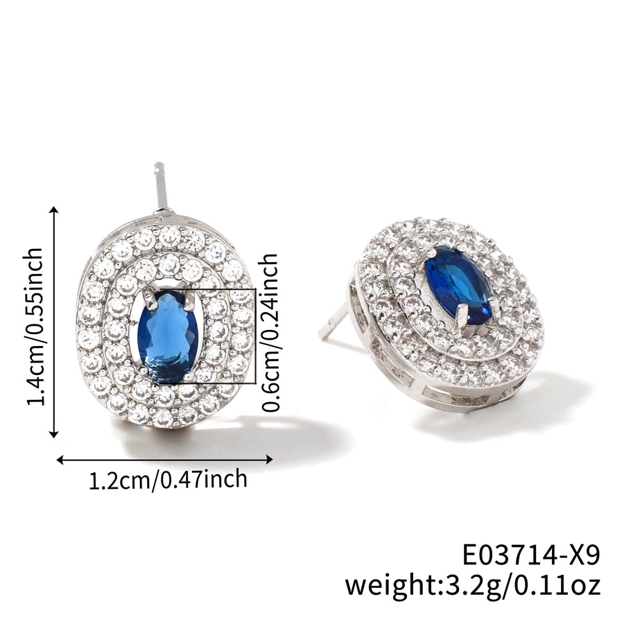 1 Pair Retro Sweet Shiny Oval Inlay Copper Glass Zircon Rhodium Plated Ear Studs