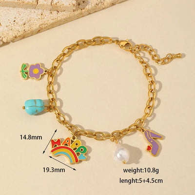 Jewelry Cute Sweet Letter Rainbow Flower 304 Stainless Steel Imitation Pearl Turquoise 18K Gold Plated Enamel Plating Inlay Multi Charms Bracelet Multi Charms Necklace Earrings