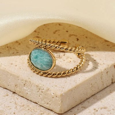 Wholesale Jewelry Retro French Style Oval Titanium Steel Natural Stone 14K Gold Plated Plating Inlay Open Rings