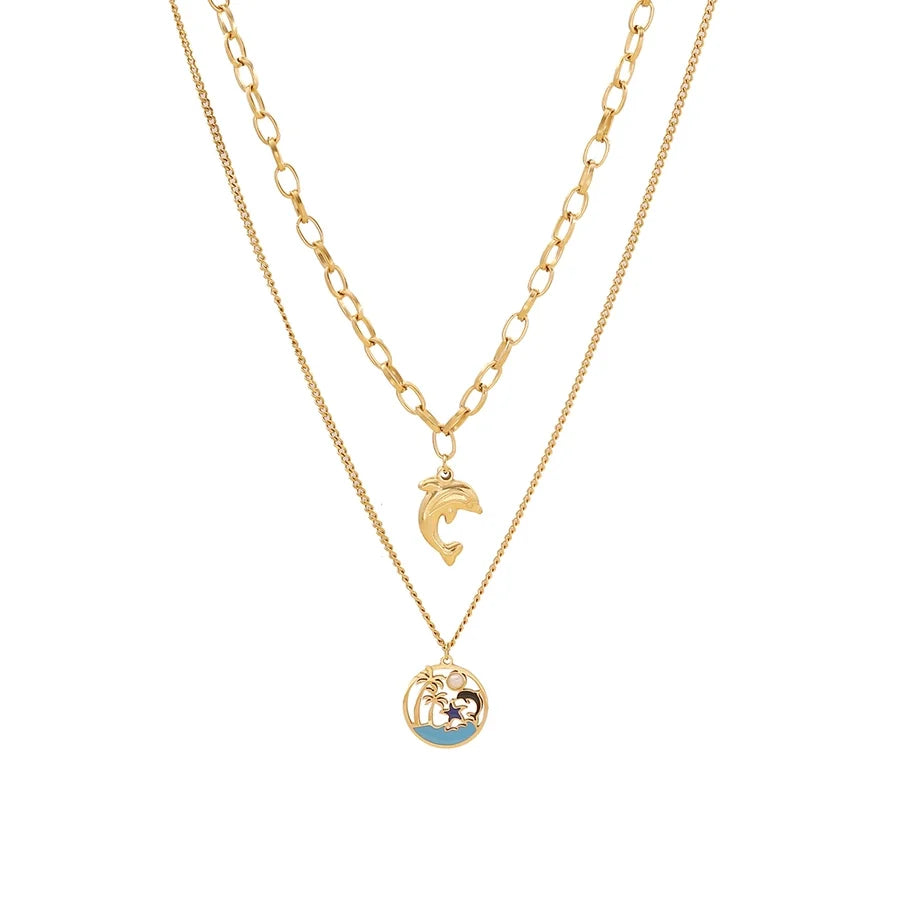 Jewelry Hawaiian Commute Coconut Tree Dolphin 304 Stainless Steel Pearl 18K Gold Plated Hollow Out Jewelry Set