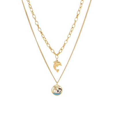 Jewelry Hawaiian Commute Coconut Tree Dolphin 304 Stainless Steel Pearl 18K Gold Plated Hollow Out Jewelry Set