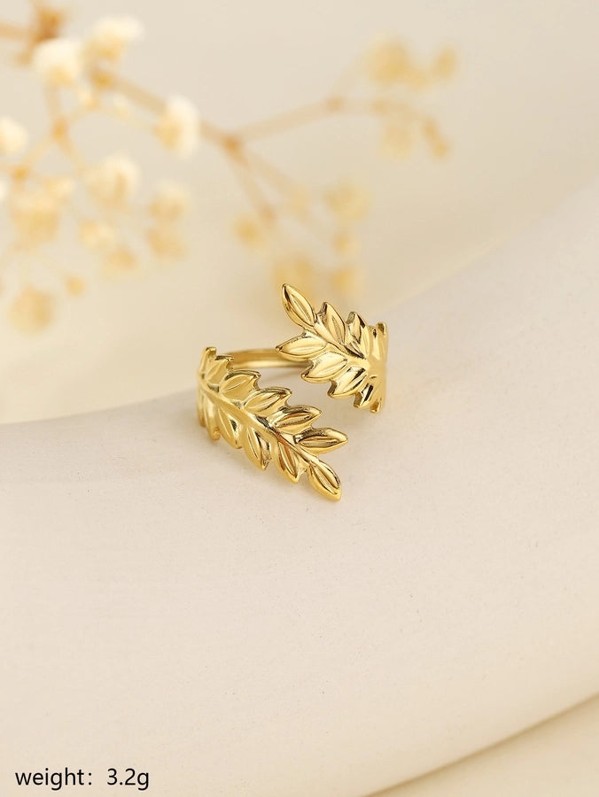 Jewelry Elegant Leaves Feather 304 Stainless Steel Open Rings