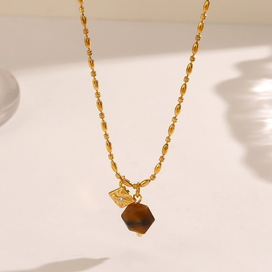 Jewelry Vintage Style Geometric 304 Stainless Steel Rhinestones Tiger Eye 18K Gold Plated Inlay Pendant Necklace