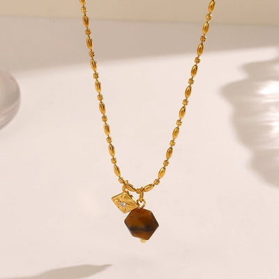 Jewelry Vintage Style Geometric 304 Stainless Steel Rhinestones Tiger Eye 18K Gold Plated Inlay Pendant Necklace