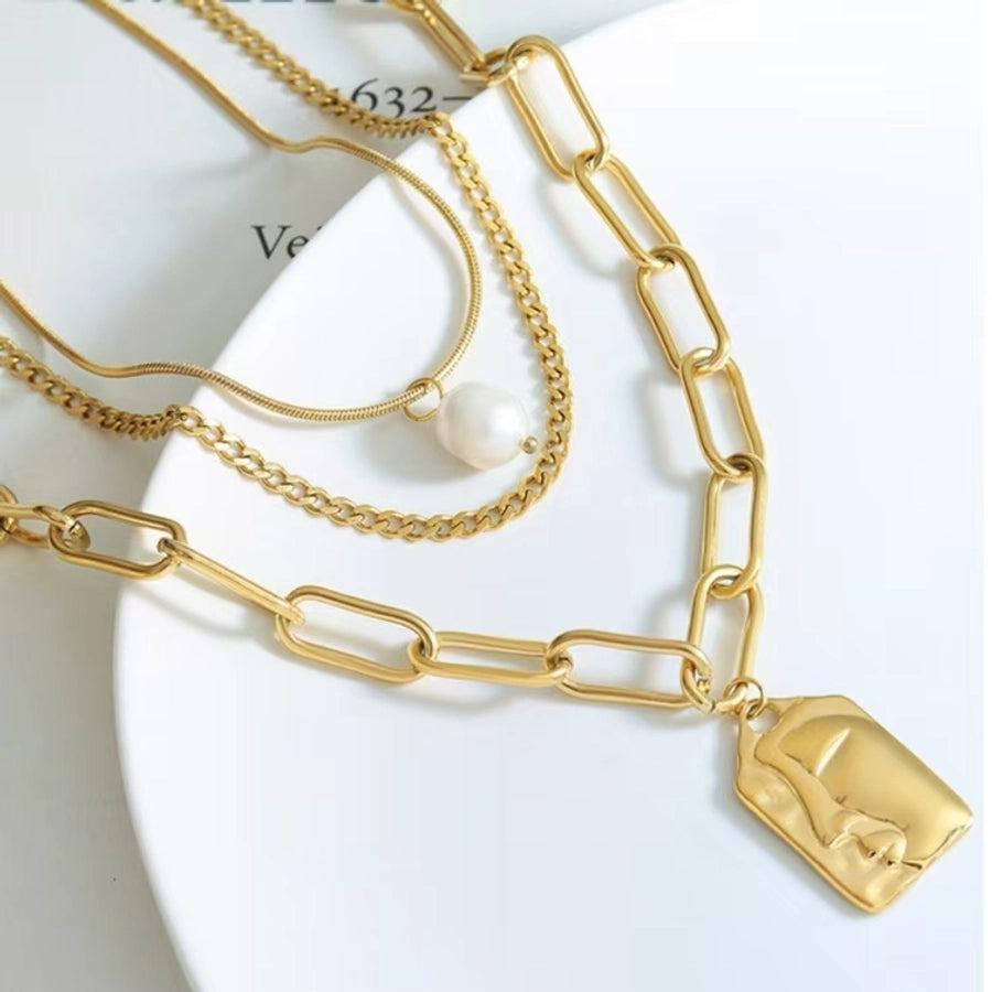 Jewelry Vintage Style French Style Human Titanium Steel Artificial Pearls 18K Gold Plated Layered Necklaces