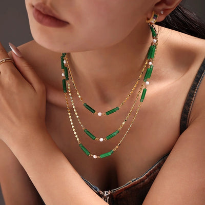 Jewelry Elegant Vacation chain 304 Stainless Steel Aventurine 18K Gold Plated Beaded Necklace