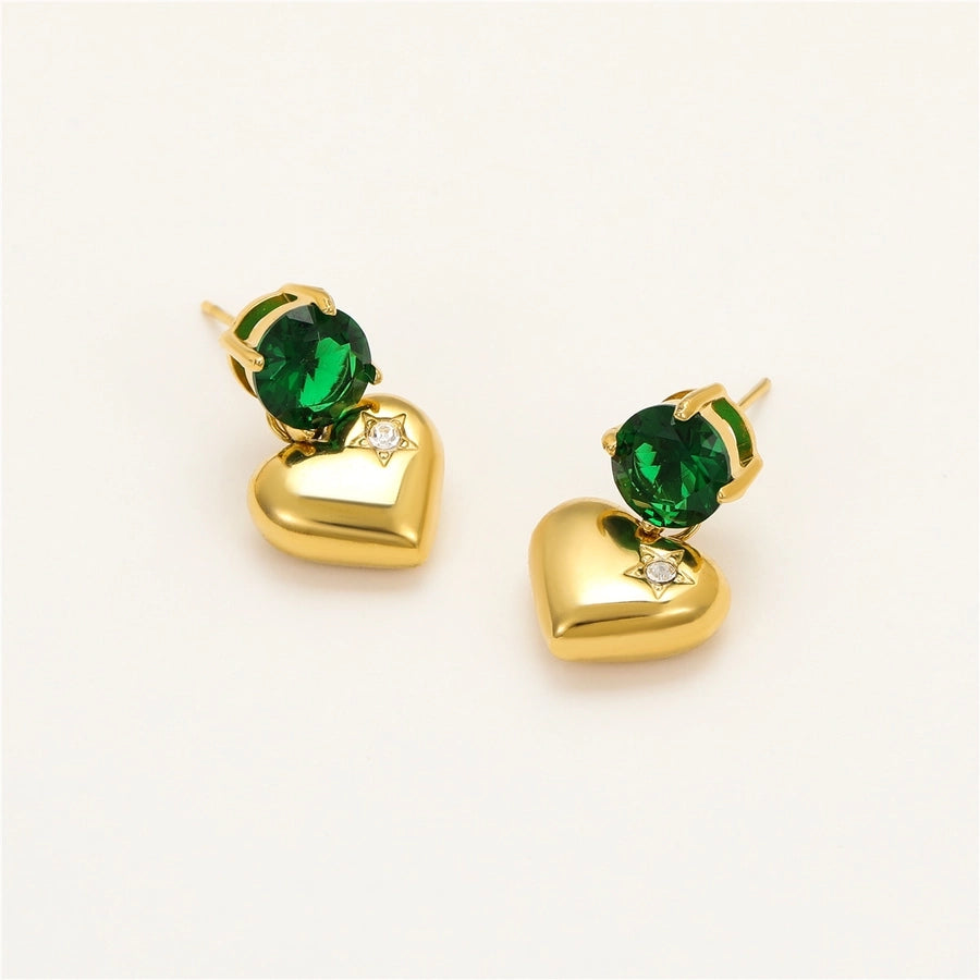 1 Pair Retro Sweet Round Heart Shape Inlay 304 Stainless Steel Zircon 18K Gold Plated Drop Earrings