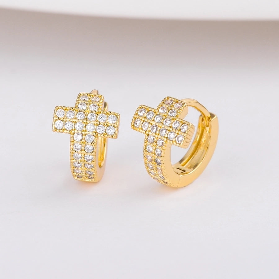1 Pair Hip Hop Punk Copper Plating 18K Gold Inlaid Square Crystal Zircon Cross Ear Clip