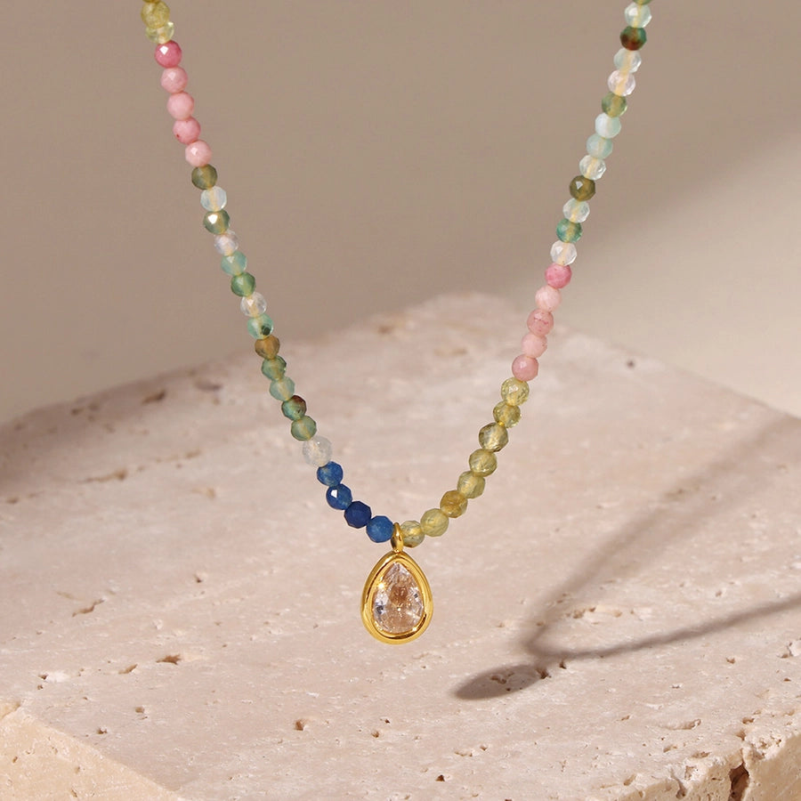 Elegant Water Droplets 304 Stainless Steel natural stone 18K Gold Plated Opal Beaded Chain Pendant Necklace In Bulk