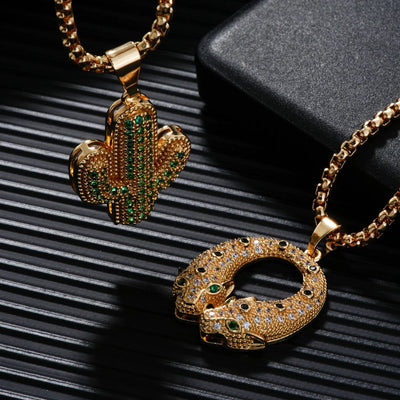 Hip-Hop Streetwear Cactus Tiger 304 Stainless Steel Copper Inlay Zircon K Gold Plated Unisex Pendant Necklace
