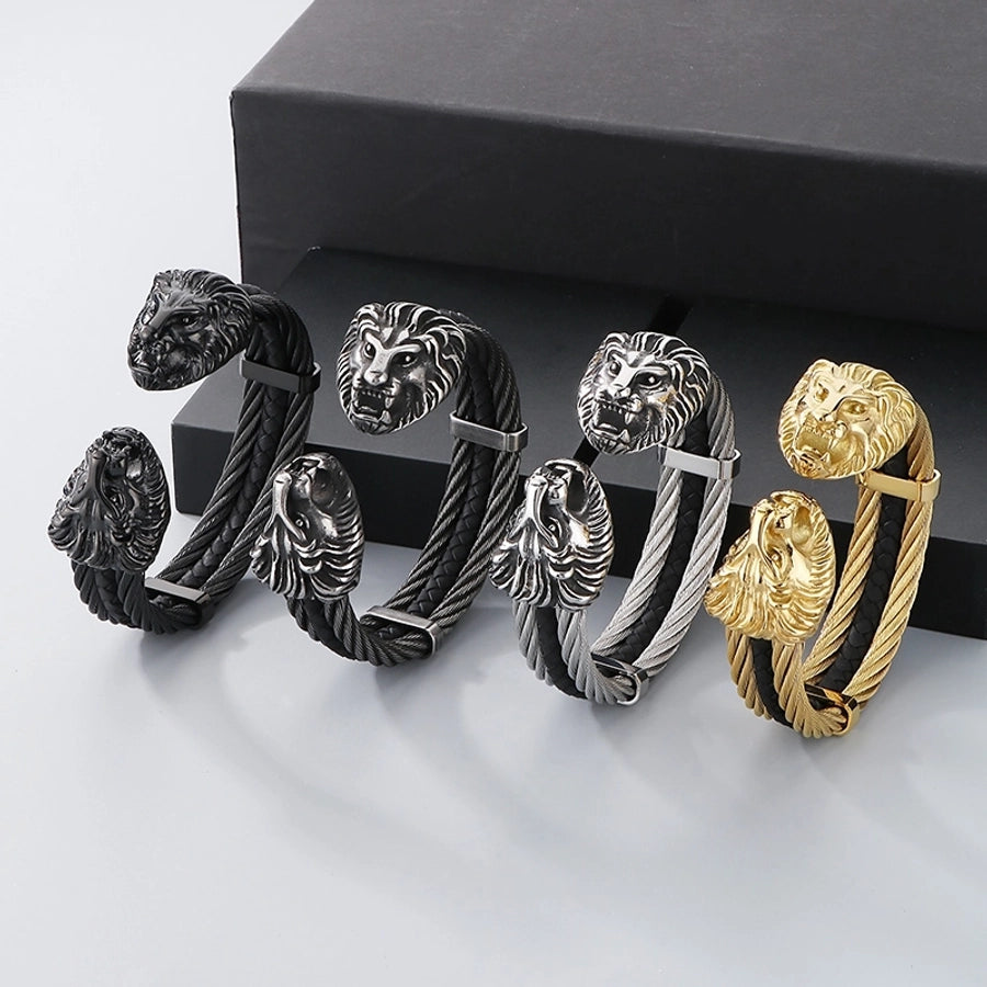 Business Lion's head Wolf Head Skull 304 Stainless Steel 18K Gold Plated Men's Bangle