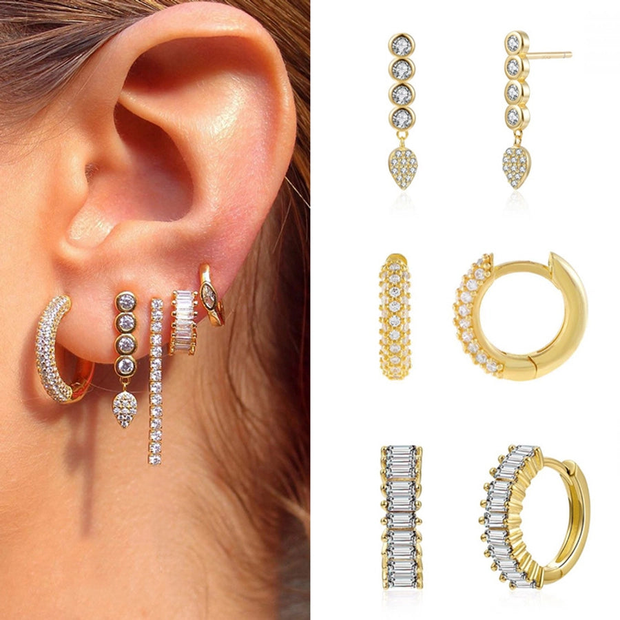 1 Pair IG Style Shiny Geometric Inlay Copper Zircon Gold Plated Earrings