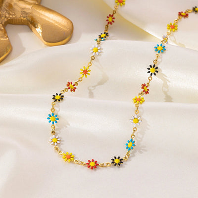 Jewelry Basic Streetwear Daisy Titanium Steel Zircon 18K Gold Plated Enamel Inlay Jewelry Set