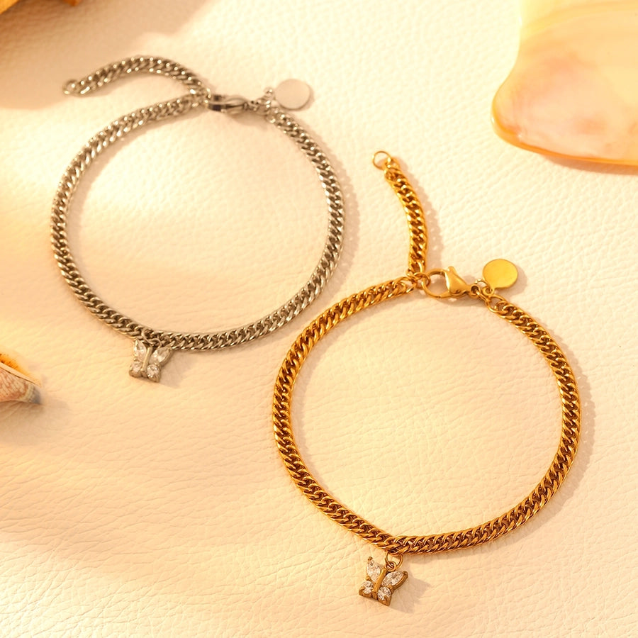 Elegant Butterfly Titanium Steel 18K Gold Plated Cuban Link Chain Curb Chain Bracelets In Bulk