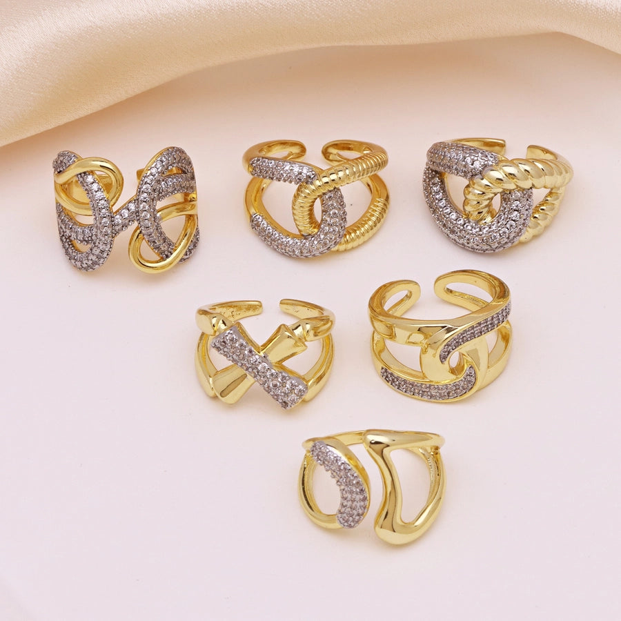 Jewelry IG Style Geometric Copper Zircon 18K Gold Plated Mixed Metal Inlay Open Rings
