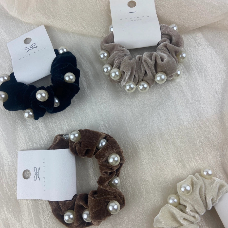 elegant solid color artificial pearl flannel hair tie