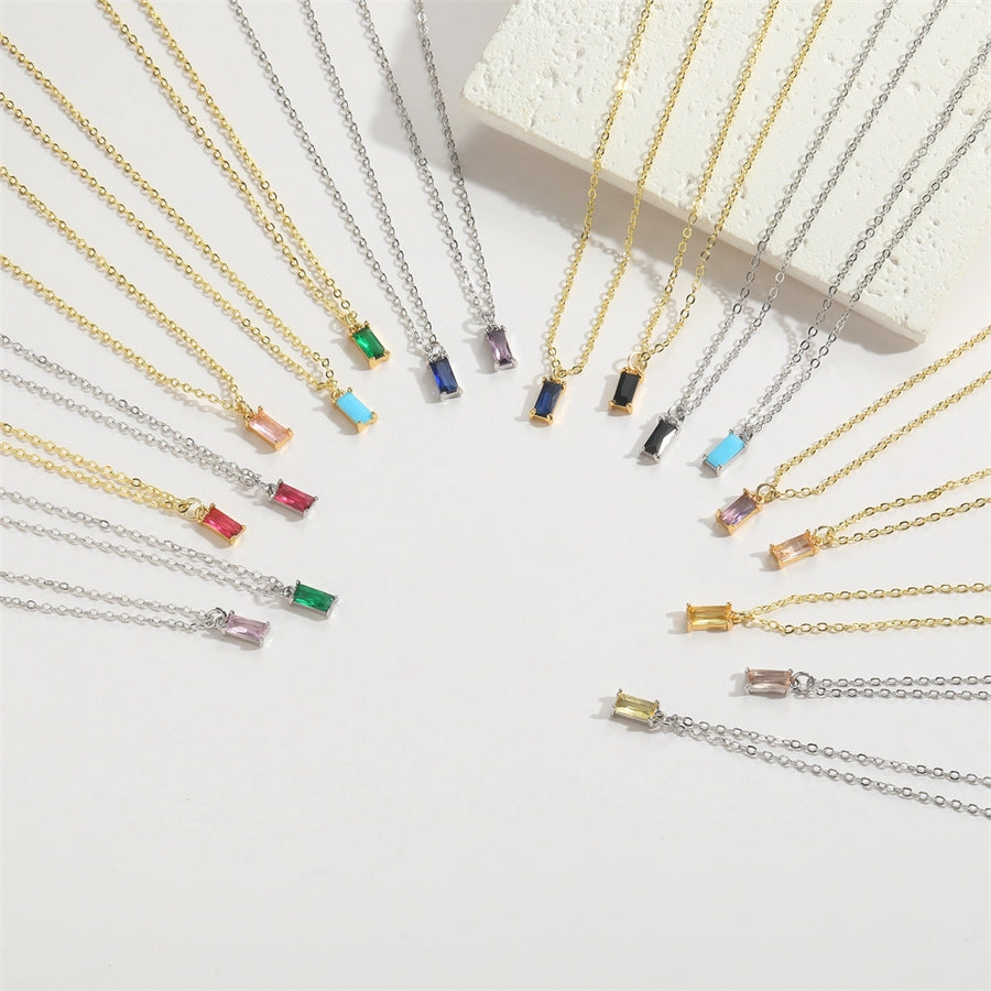 Copper 14K Gold Plated Inlay Rectangle Zircon Pendant Necklace