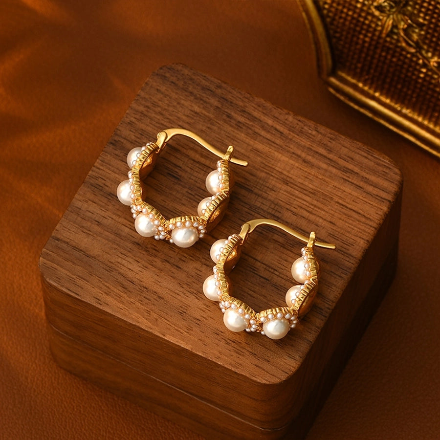 1 Pair Elegant Classical Sweet Circle Inlay Copper Freshwater Pearl Zircon 18K Gold Plated Earrings
