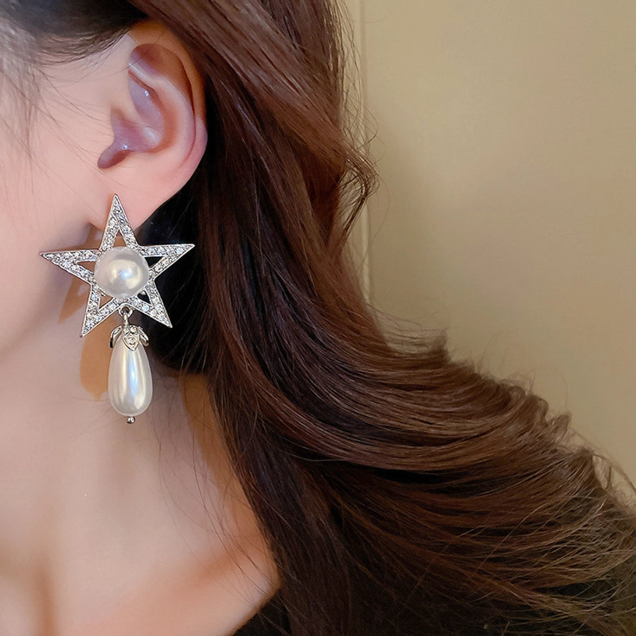 1 Pair Casual Simple Style Streetwear Star Water Droplets Inlay Copper Artificial Pearls Zircon Drop Earrings