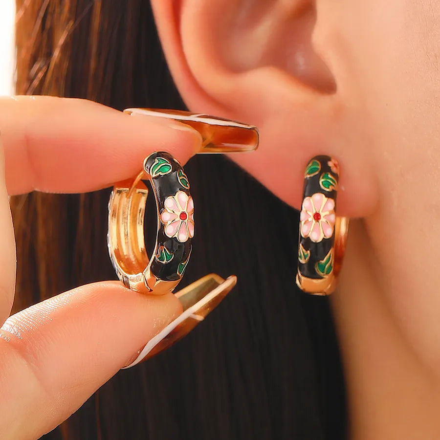 1 Pair Casual Elegant Lady Flower Enamel Copper Earrings