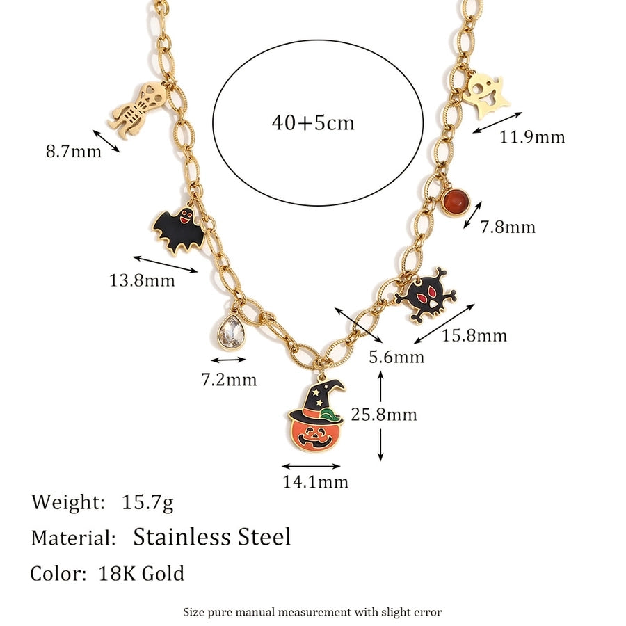 Jewelry Cartoon Style Cute Pumpkin Bat Ghost 304 Stainless Steel Rhinestones 18K Gold Plated Enamel Plating Inlay Pendant Necklace