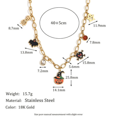 Jewelry Cartoon Style Cute Pumpkin Bat Ghost 304 Stainless Steel Rhinestones 18K Gold Plated Enamel Plating Inlay Pendant Necklace
