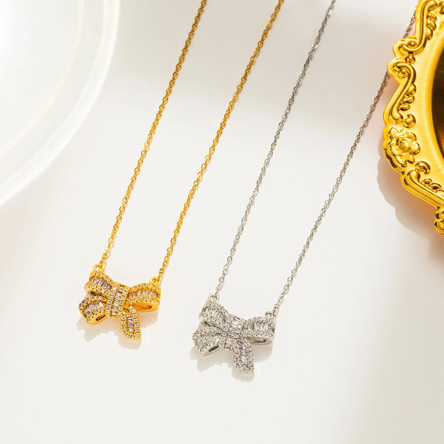 Jewelry Simple Style Bow Knot Titanium Steel Zircon Inlay Pendant Necklace