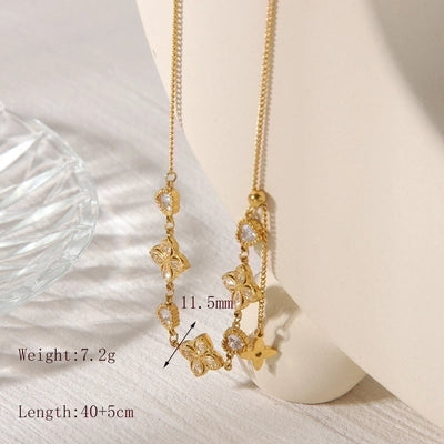 Jewelry Casual Commute Flower Butterfly 304 Stainless Steel Zircon 18K Gold Plated Inlay Pendant Necklace