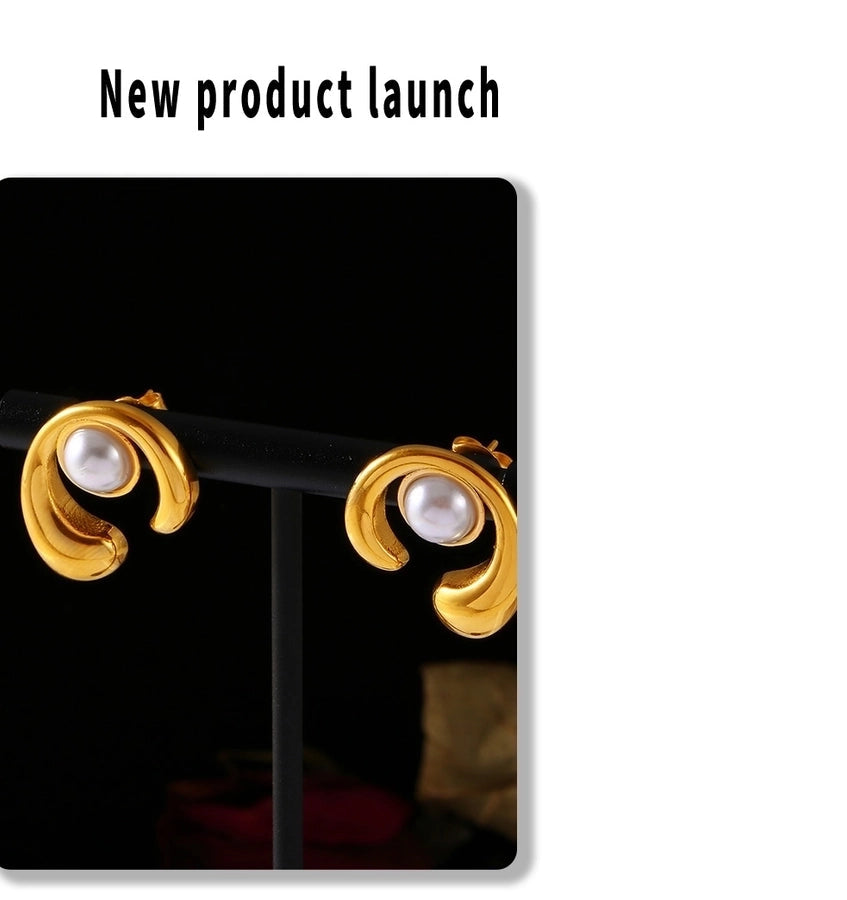 1 Pair Elegant Simple Style Streetwear C Shape Round Plating Inlay 304 Stainless Steel Artificial Pearls Ear Studs
