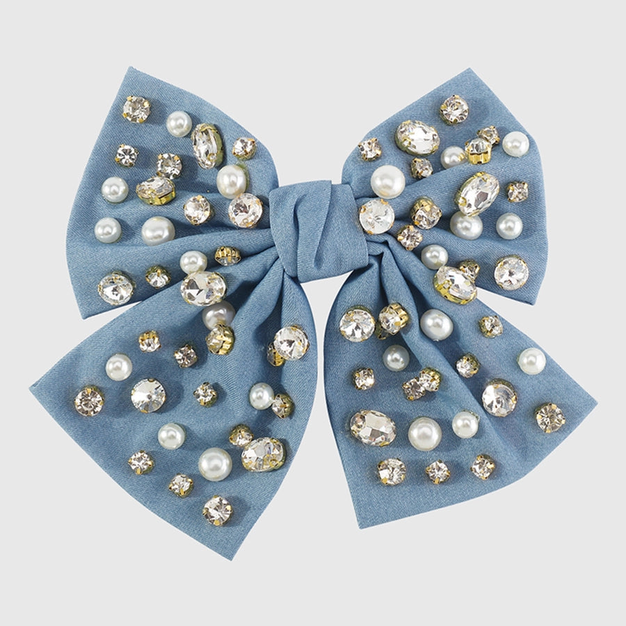 fashion bow knot alloy corduroy inlay artificial pearls rhinestones hair clip 1 piece