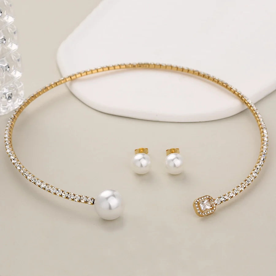 Jewelry Glam Luxurious Shiny Circle Square Heart Shape 304 Stainless Steel Imitation Pearl Rhinestone Jewelry Set