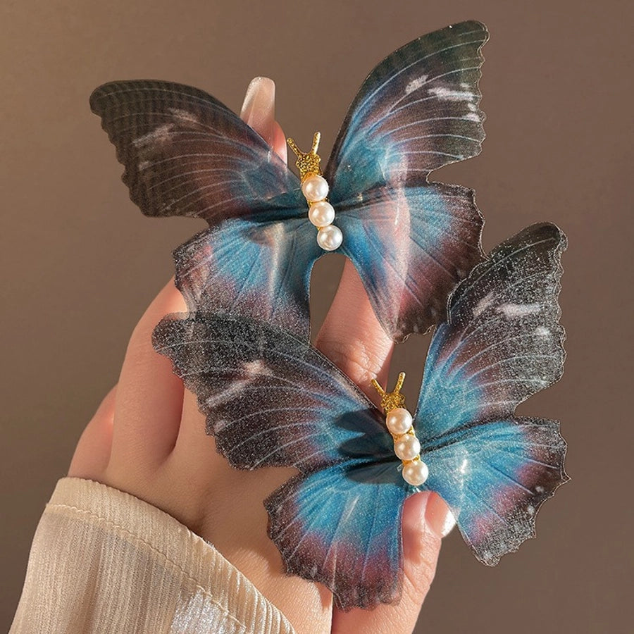 Women's Elegant Butterfly Gauze Inlay Artificial Pearls Hair Clip
