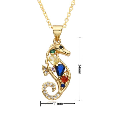 Copper Inlay Hippocampus Zircon Pendant Necklace