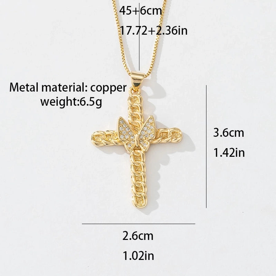Copper box chain 18K Gold Plated Inlay Carving Cross Butterfly Zircon Pendant Necklace