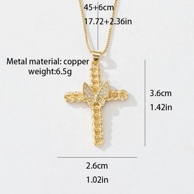 Copper box chain 18K Gold Plated Inlay Carving Cross Butterfly Zircon Pendant Necklace