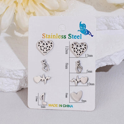 4 Pairs Cute Sweet Commute Geometric Heart Shape Polishing Hollow Out 304 Stainless Steel 18K Gold Plated Ear Studs