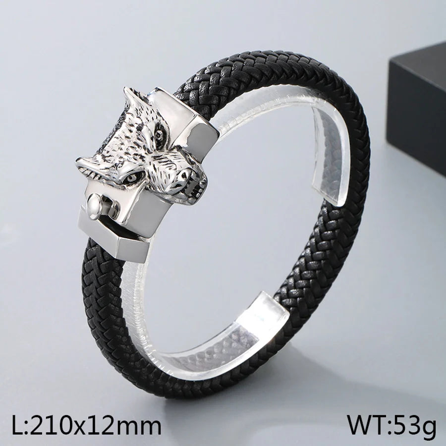 Business Lion's head Wolf Head Skull 304 Stainless Steel Leather 18K Gold Plated Men's Bracelets