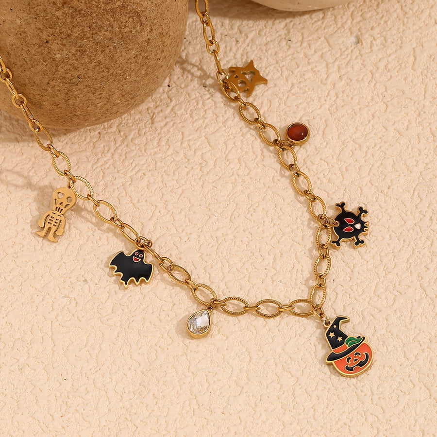 Jewelry Cartoon Style Cute Pumpkin Bat Ghost 304 Stainless Steel Rhinestones 18K Gold Plated Enamel Plating Inlay Pendant Necklace