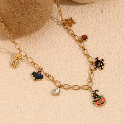 Jewelry Cartoon Style Cute Pumpkin Bat Ghost 304 Stainless Steel Rhinestones 18K Gold Plated Enamel Plating Inlay Pendant Necklace