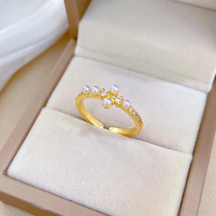 Brass Gold Plated Geometric Artificial Pearls Zircon Brass Rings