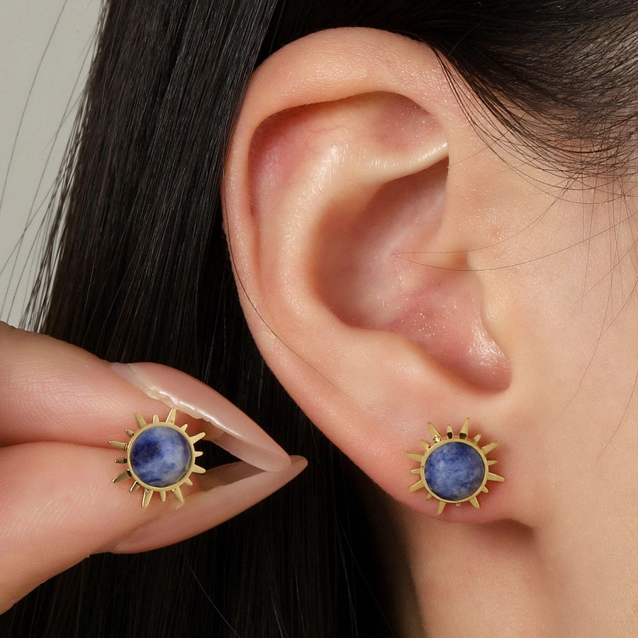 One Pack and Two Pairs Retro French Style Sun Plating Titanium Steel Natural Stone 14K Gold Plated Ear Studs