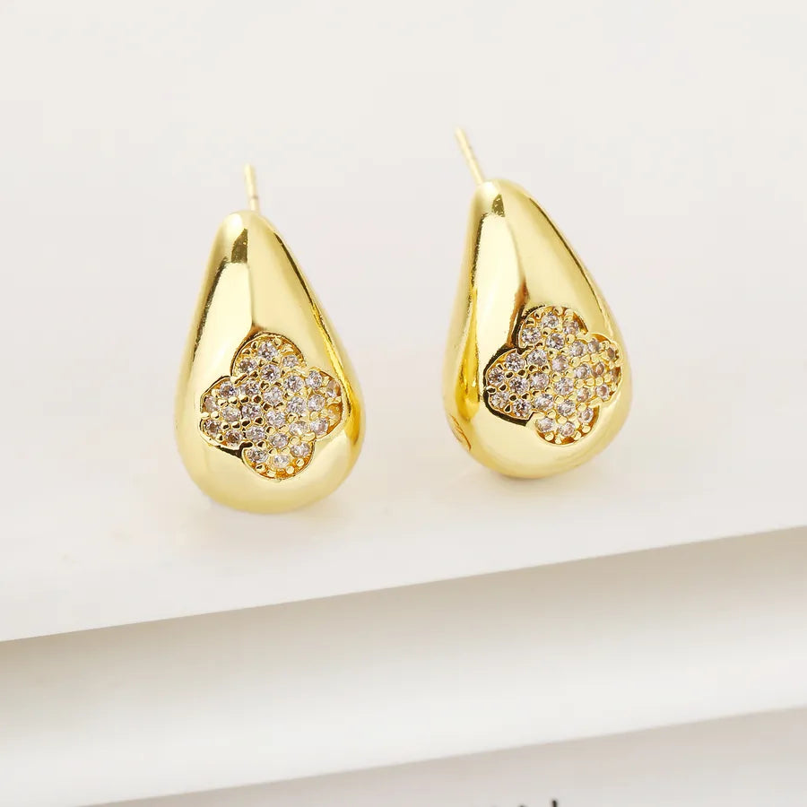 1 Pair Elegant Simple Style Four Leaf Clover Water Droplets Copper Zircon Ear Studs