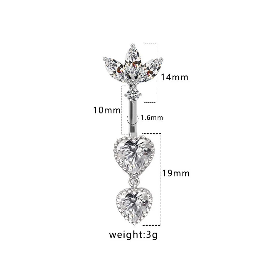 1 Piece Belly Rings Hip-Hop Sexy Heart Shape 316 Stainless Steel  Copper Plating Zircon White Gold Plated Gold Plated